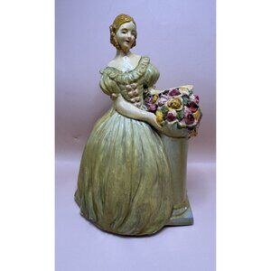 Pretty Vintage Lady W/ Flowers Chalk Figure MCM Hand Painted & Colourful Details